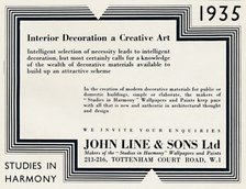 'Interior Decoration a Creative Art - John Line & Sons Ltd', 1935. Artist: Unknown.