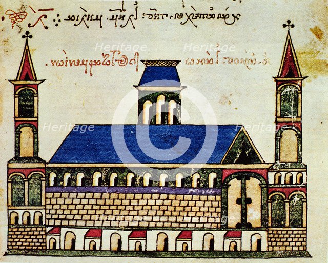 The monastery of San Juan of the Armenians on Mount Athos (Greece), Byzantine miniature, 1300.