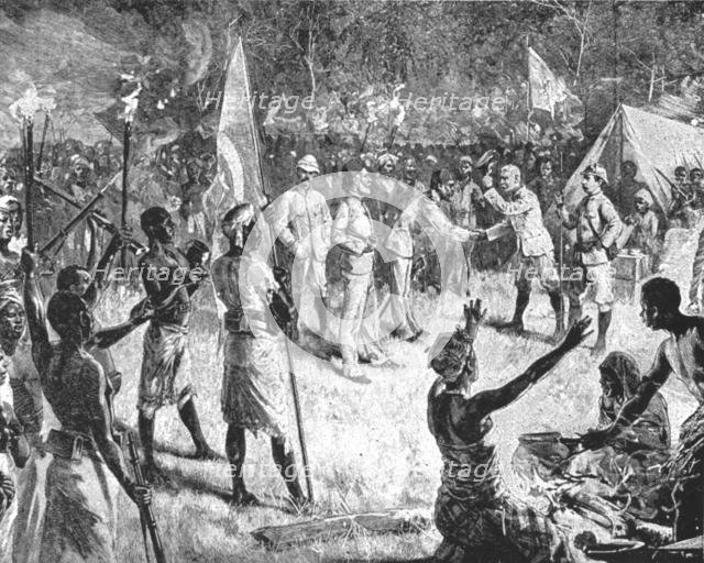 'Stanley's...Meeting with Emin Pasha, April 29, 1888, at Kavalli...', (1901).  Creator: Unknown.