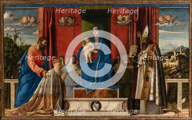 Enthroned Madonna and Child, two musical angels, Saint Mark, Saint Augustine and Doge..., 1488. Creator: Bellini, Giovanni (1430-1516).