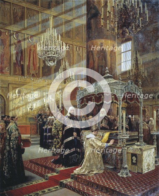 Tsar Alexis and Patriarch Nikon at the coffin of Metropolitan Philip of Moscow, 17th century (1886). Artist: Alexander Litovchenko