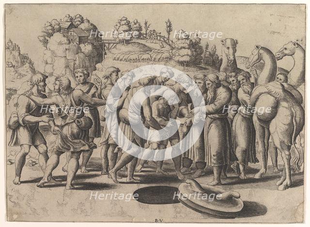 Joseph in the centre being sold by his brothers standing above a well, camels at the right, 1533. Creator: Master of the Die.