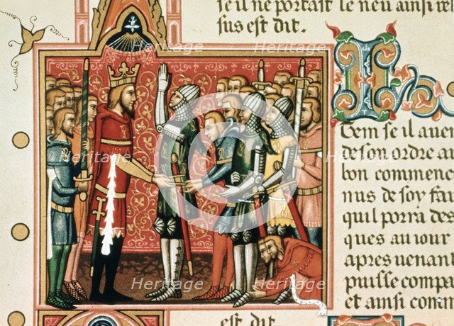 Roldan promising loyalty to Charlemagne, miniature in a page of the manuscript of the 14th centur…