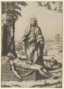 The Pietà: the Virgin standing over the dead Christ, her hands outspread, ca. 1515-17. Creator: Marcantonio Raimondi.