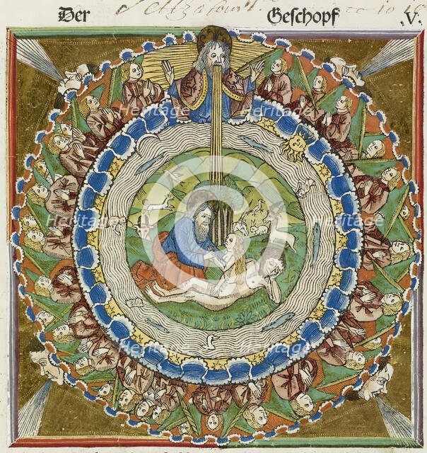 God creating Eve from Adam's rib, 1483.  Creator: Unknown.