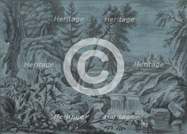 Southern Landscape with a Waterfall and Goats, late 18th century. Creator: Attributed to Ferdinand Kobell.