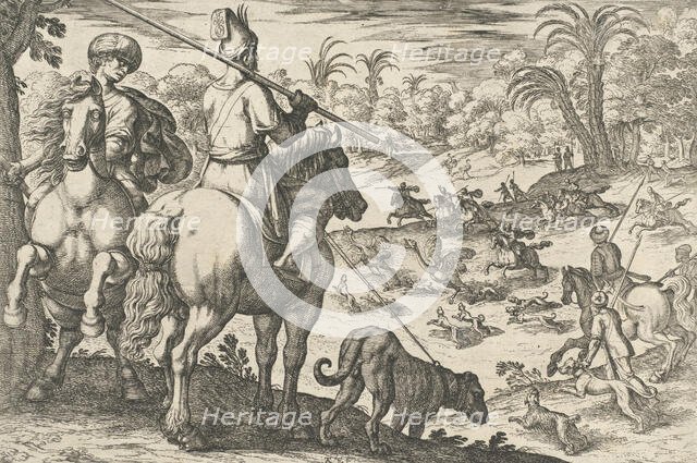 Ostrich Hunt, from 'Hunting Scenes VI', 1609. Creator: Antonio Tempesta.