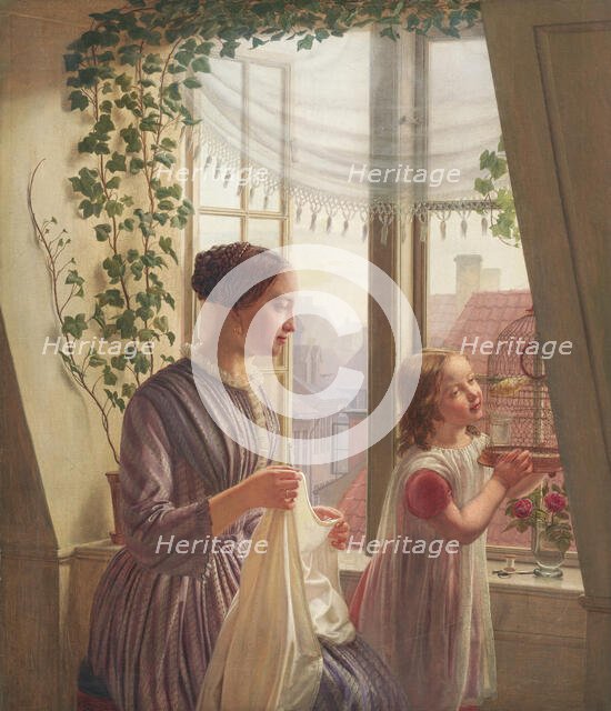 Interior with mother and daughter by window, 1853. Creator: Ludvig August Smith.