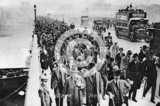 London Bridge rush hour, London, 1926-1927. Artist: Unknown