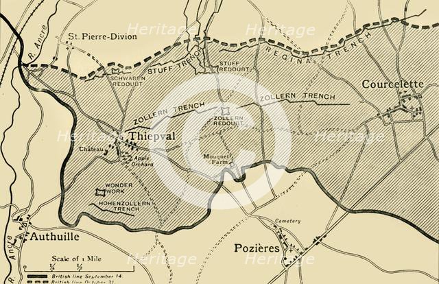 'Map showing approximately the area gained on the Thiepval Ridge...1916', (c1920). Creator: Unknown.