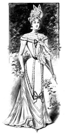 Ladies' Page: dress of white lawn trimmed with black velvet, 1898. Creator: Picador.