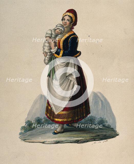 A wet-nurse dressed in Neapolitan costume holding a baby. Creator: M de Sate.