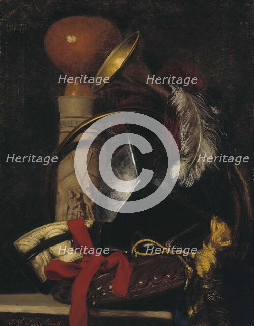 Still life with chalice, horn, feathers and belt, 1864. Creator: Ivar Kaskas.