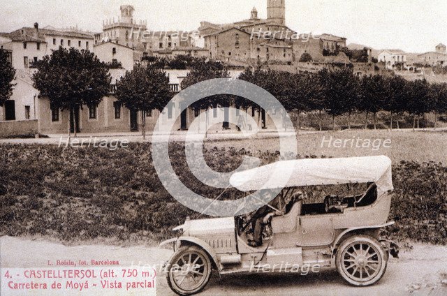 Partial view of Castellterçol (Barcelona), with a car on the road to Moià, postcard reproduction …