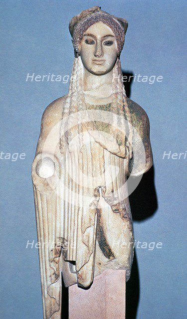 Greek statue Kore 674 from the Acropolis, 6th century BC. Artist: Unknown