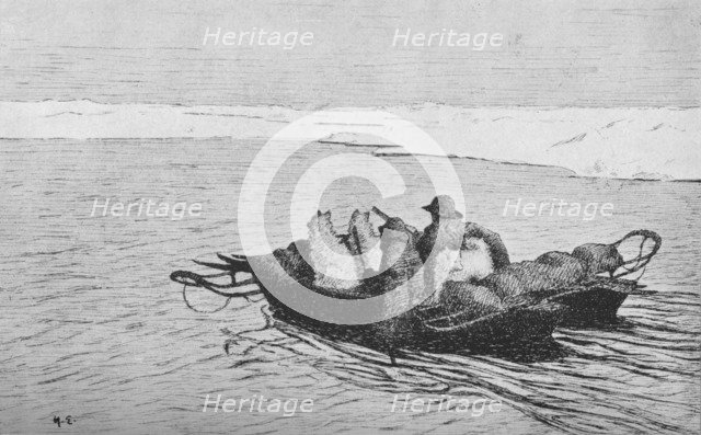 'Nansen and Johansen Crossing A Crack In The Ice', 1896, (1928). Artist: Unknown.