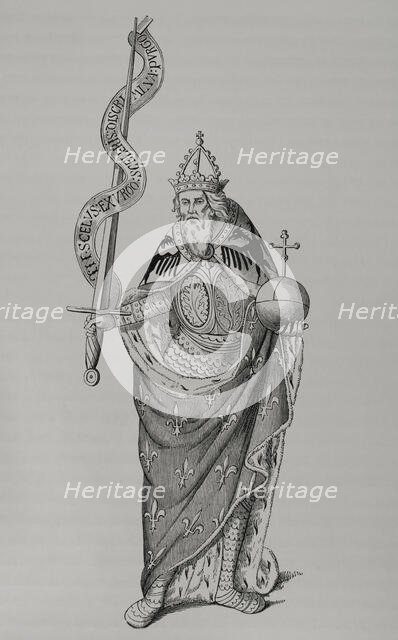 Charlemagne holding the globus cruciger in one hand and the sword in the other, 1878.  Creator: Unknown.