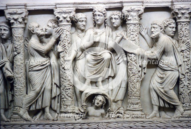 Christ handing scrolll of new law to St Peter while looking at St Paul, mid-4th century. Artist: Unknown.