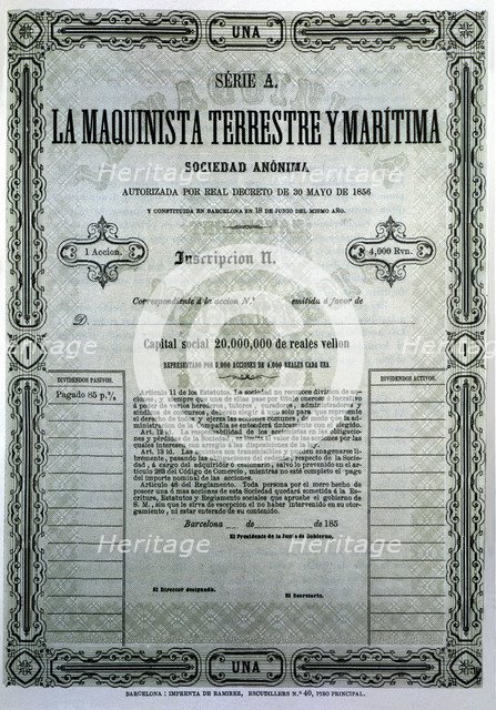 Reproduction of a share of the company Maquinista Terrestre y Marítima, S.A., from Barcelona, fir…