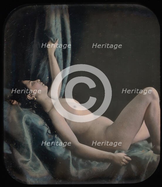[Reclining Female Nude Posed as Danae], 1850s. Creator: Attributed to Bruno Braquehais (French, 1823?1875).