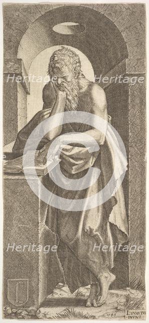 St. Simon standing before an open book with the fingers of his left hand pressed onto the ..., 1545. Creator: Lambert Suavius.