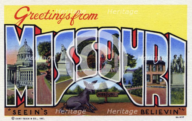 'Greetings from Missouri', postcard, 1939. Artist: Unknown