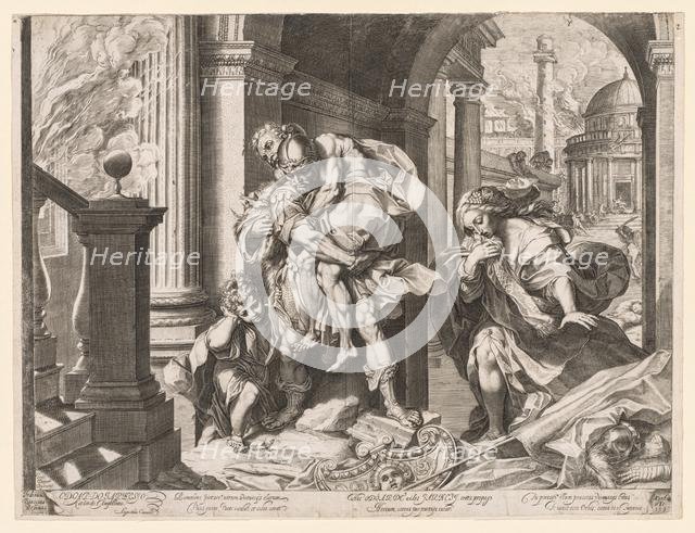 Aeneas and His Family Fleeing Troy, 1595. Creator: Agostino Carracci (Italian, 1557-1602).