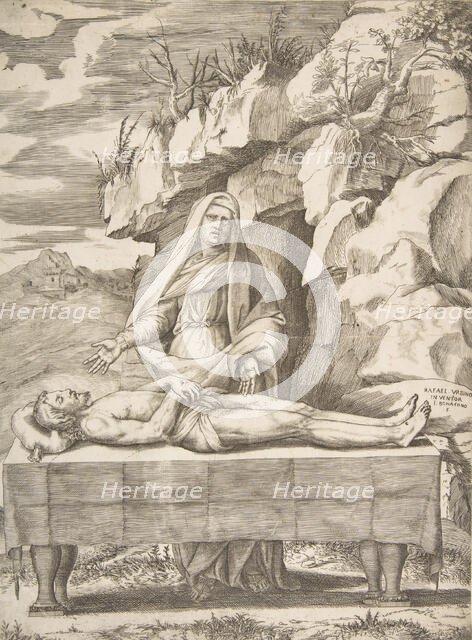 Pieta, Christ stretched out on a table in a landscape, the Virgin standing behind arms ..., 1531-76. Creator: Giulio Bonasone.
