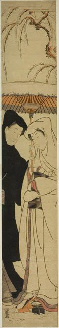 Couple Sharing an Umbrella Under the Snow, c. 1771. Creator: Isoda Koryusai.