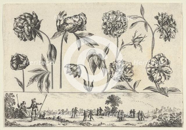 Horizontal Panel with a Row of Flowers Above a Frieze with Figures in a Landscape, from Li..., 1645. Creator: Nicolas Cochin.