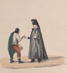 A canon handing a crucifix to a man, from a group of drawings depicting Peruvian costume, 1848. Creator: Attributed to Francisco (Pancho) Fierro.