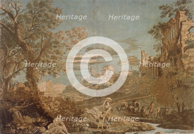 Heroic Landscape with Women at Brook, Child Fishing, and Herdsmen, 1744. Creator: John Baptist Jackson.