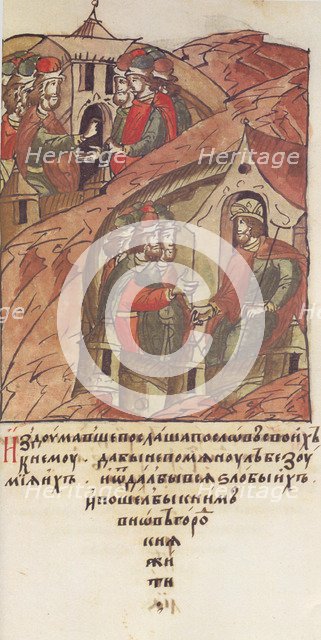 Novgorod veche. The Novgorodians invited Yaroslav II Vsevolodovich to rule over them. (From the Illu Artist: Anonymous  