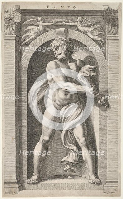 Pluto; on verso sketches of a figure, four heads, and a column, 1592. Creator: Hendrik Goltzius.