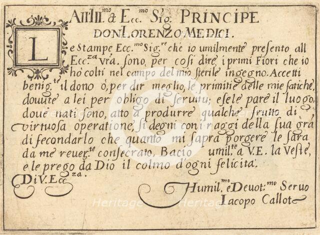 Dedication to Don Lorenzo de' Medici, c. 1617. Creator: Jacques Callot.