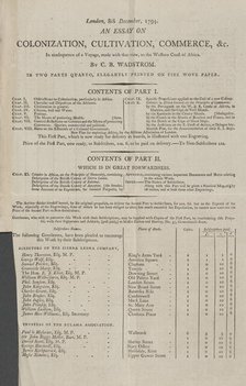 Prospectus for: An essay on colonization, cultivation, commerce, in consequence of a voyage..., 1794 Creator: Unknown.