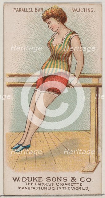 Parallel Bars, Vaulting, from the Gymnastic Exercises series (N77) for Duke brand cigarett..., 1887. Creator: Unknown.