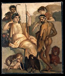 Telephus being suckled by a doe, with Minerva and Hercules.  After a fresco. Creator: Unknown.
