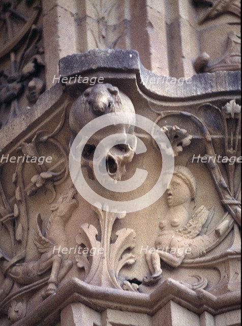 University of Salamanca, detail of the decoration in the first part of the façade with frog perch…