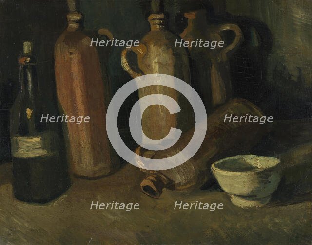 Still Life with Jars (Still life with four jugs, bottles and white bowl), 1885. Creator: Gogh, Vincent, van (1853-1890).