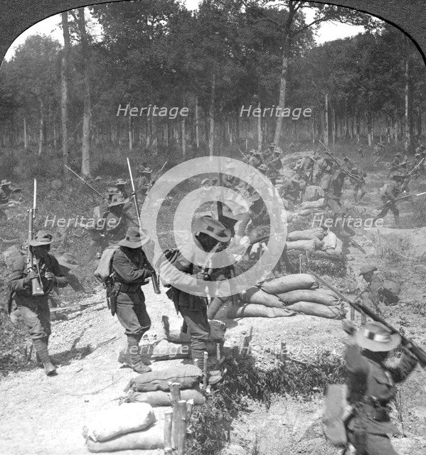 First line Gurkhas storming and capturing a German trench, World War I, 1914-1918.Artist: Crown