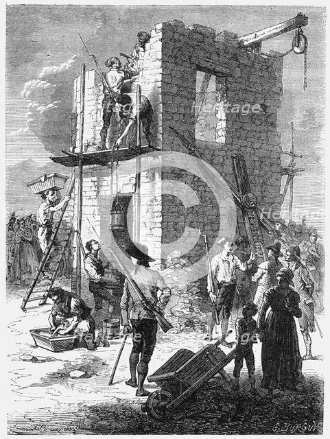 Building a Chappe telegraph station, c1793, (c1870). Artist: Anon