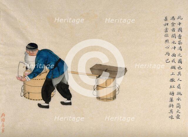 A soup-paste seller pouring soup from an urn, 1890. Creator: Pei Qun Zhou.