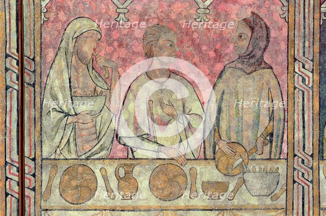 Poor and pilgrims standing behind a well laid table, hosted by Pia Almoina, fragment of the Wall …
