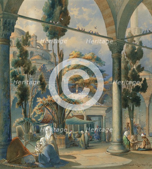 Courtyard of the Sultan Bayezid Mosque in Constantinople. Artist: Preziosi, Amedeo (1816-1882)