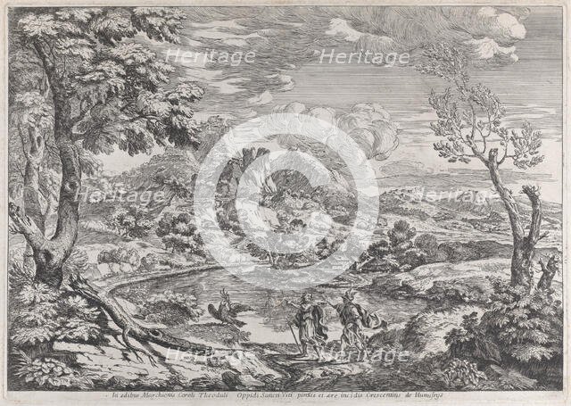 Landscape with a man showing Mercury the eagle of Jupiter, ca. 1695-99. Creator: Crescenzio Onofri.