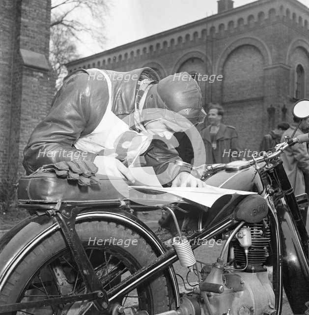 Landskrona Motorcycle Club having an orienteering competion, Sweden, 1951. Artist: Unknown