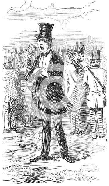Sketch in the Ring - "I'll Bet Against Clincher", 1850. Creator: John Leech.
