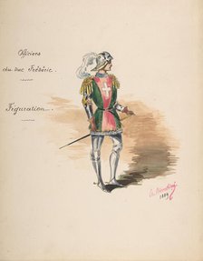 Costume Design for "Officiers du duc Frédéric" [a]; Descriptive Sheet of Costume..., 1889. Creator: Charles Bianchini.