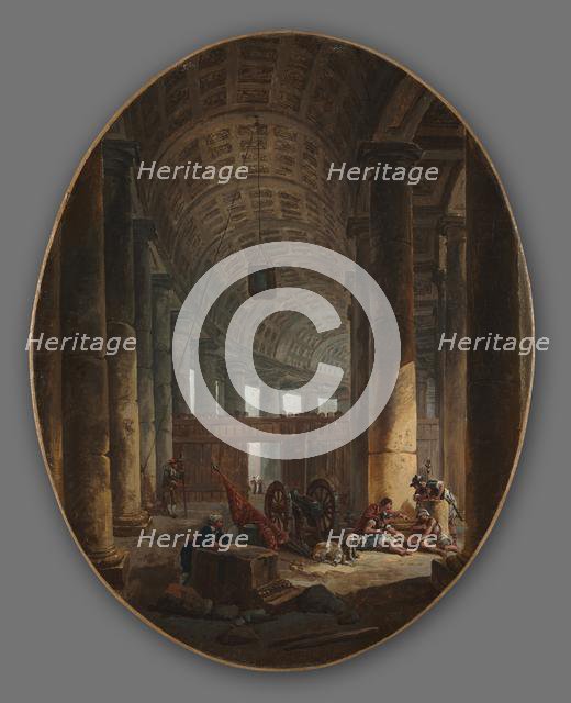 Pair of Paintings: The Colonnade of St. Peter's, Rome, during the Conclave and The Grotto..., c.1769 Creator: Hubert Robert (French, 1733-1808).